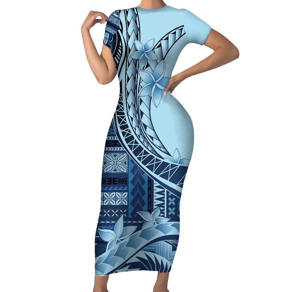 Samoa Siapo Mamanu Family Matching Short Sleeve Bodycon Dress and Hawaiian Shirt Plumeria Navy Blue Motifs LT7 Mom's Dress Blue - Polynesian Pride