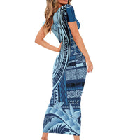 Samoa Siapo Mamanu Family Matching Short Sleeve Bodycon Dress and Hawaiian Shirt Plumeria Navy Blue Motifs LT7 - Polynesian Pride
