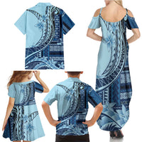 Samoa Siapo Mamanu Family Matching Summer Maxi Dress and Hawaiian Shirt Plumeria Navy Blue Motifs LT7 - Polynesian Pride