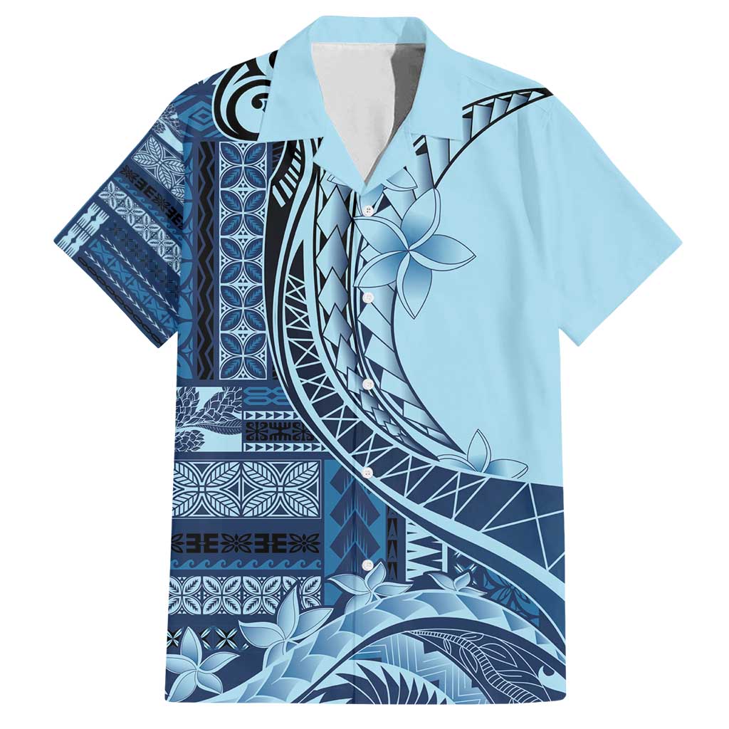 Samoa Siapo Mamanu Family Matching Summer Maxi Dress and Hawaiian Shirt Plumeria Navy Blue Motifs LT7 Dad's Shirt - Short Sleeve Blue - Polynesian Pride