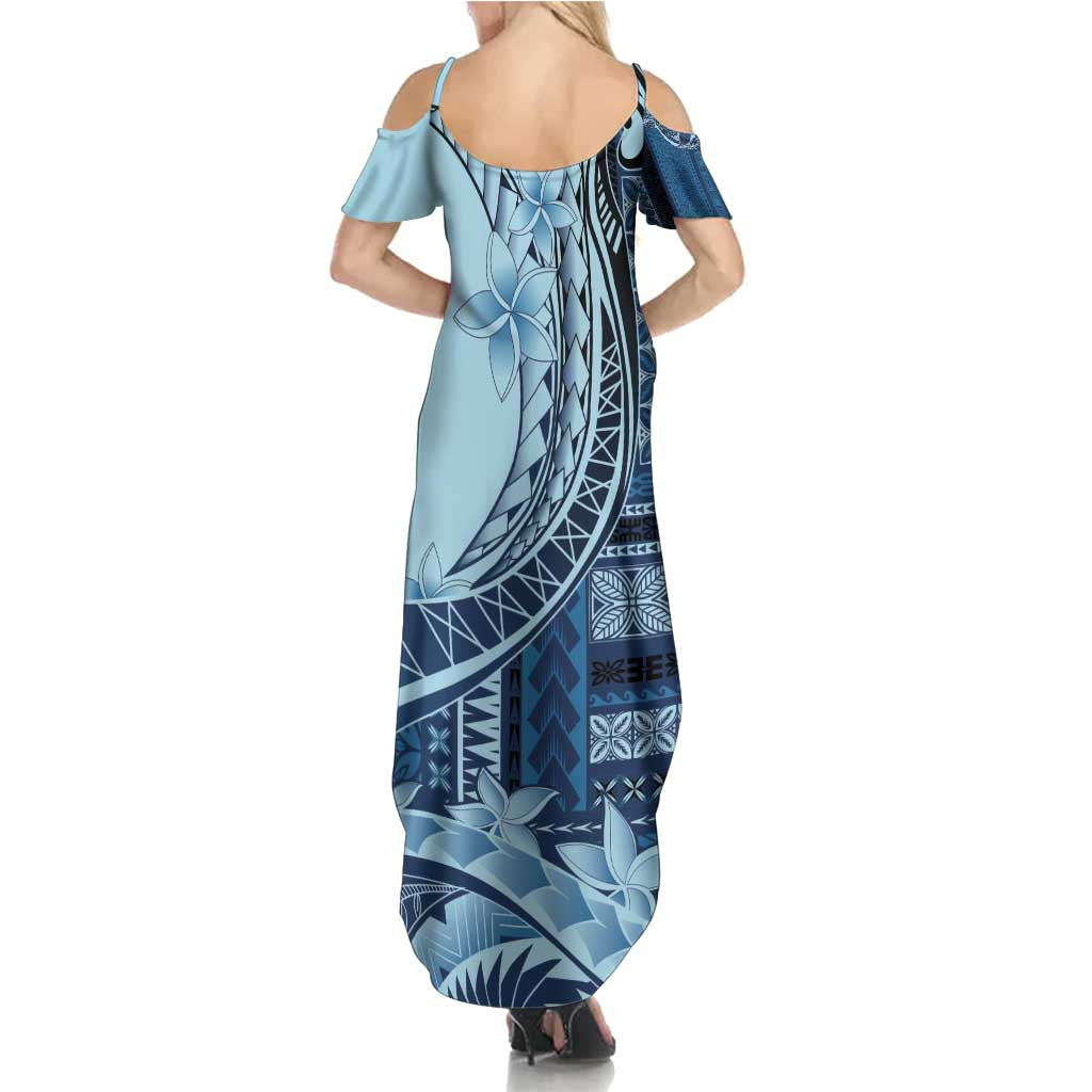 Samoa Siapo Mamanu Family Matching Summer Maxi Dress and Hawaiian Shirt Plumeria Navy Blue Motifs LT7 - Polynesian Pride