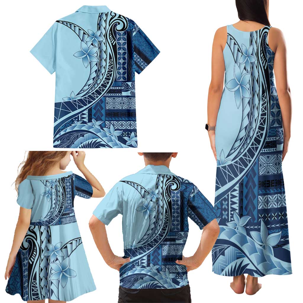 Samoa Siapo Mamanu Family Matching Tank Maxi Dress and Hawaiian Shirt Plumeria Navy Blue Motifs LT7 - Polynesian Pride