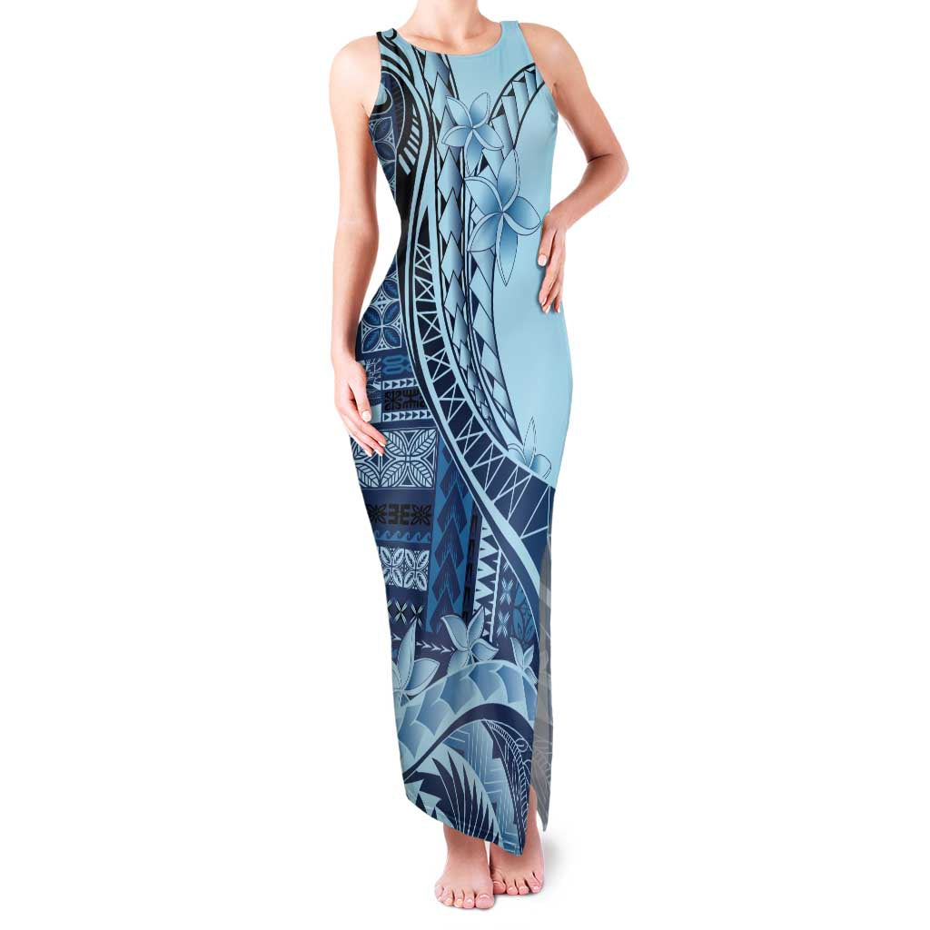 Samoa Siapo Mamanu Family Matching Tank Maxi Dress and Hawaiian Shirt Plumeria Navy Blue Motifs LT7 Mom's Dress Blue - Polynesian Pride