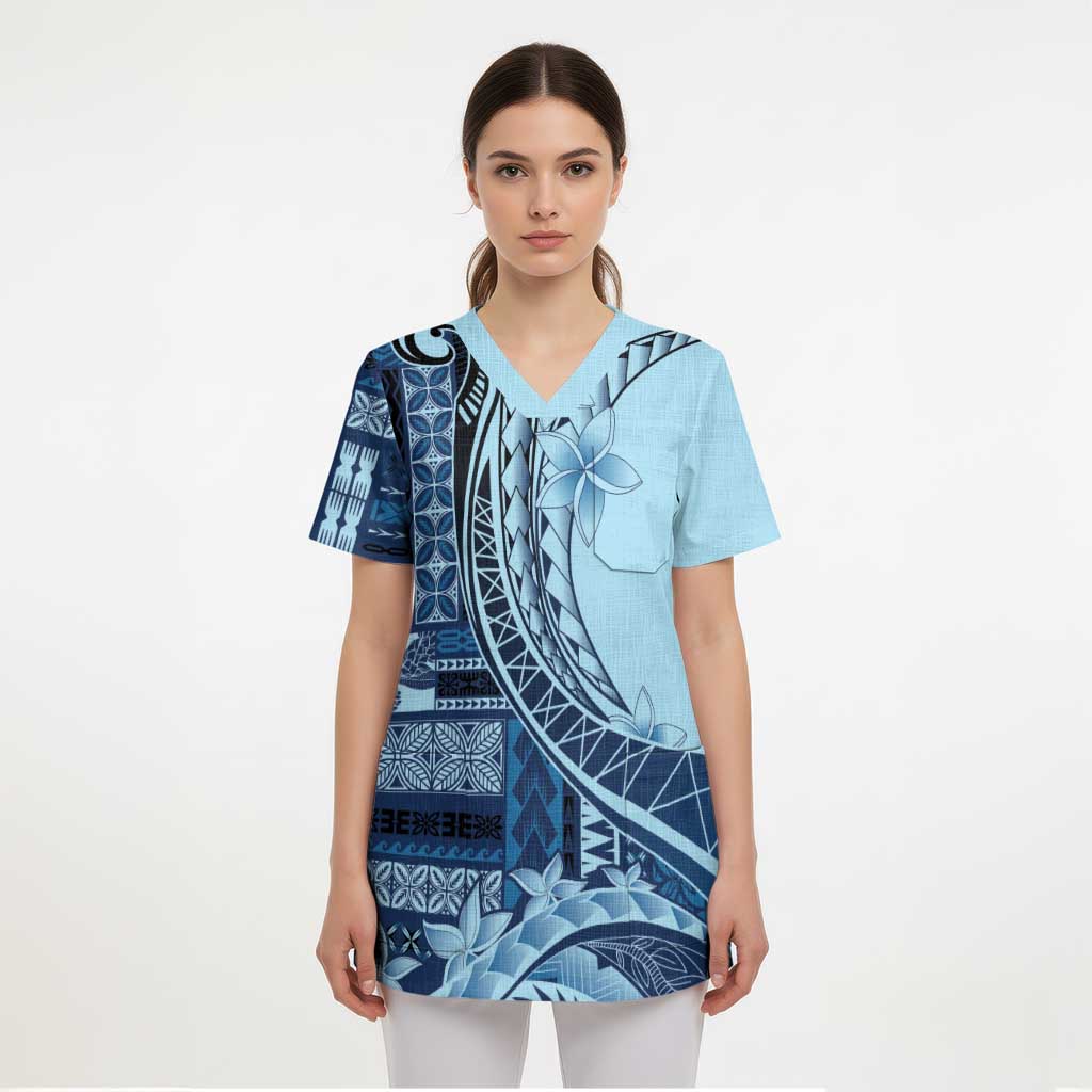 Samoa Siapo Mamanu Scrub Top Plumeria Navy Blue Motifs - Polynesian Pride