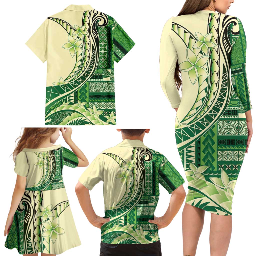 Samoa Siapo Mamanu Family Matching Long Sleeve Bodycon Dress and Hawaiian Shirt Plumeria Emerald Motifs LT7 - Polynesian Pride
