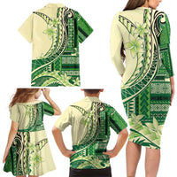Samoa Siapo Mamanu Family Matching Long Sleeve Bodycon Dress and Hawaiian Shirt Plumeria Emerald Motifs LT7 - Polynesian Pride