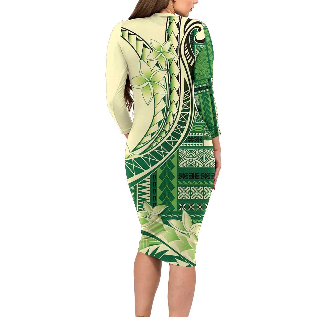 Samoa Siapo Mamanu Family Matching Long Sleeve Bodycon Dress and Hawaiian Shirt Plumeria Emerald Motifs LT7 - Polynesian Pride