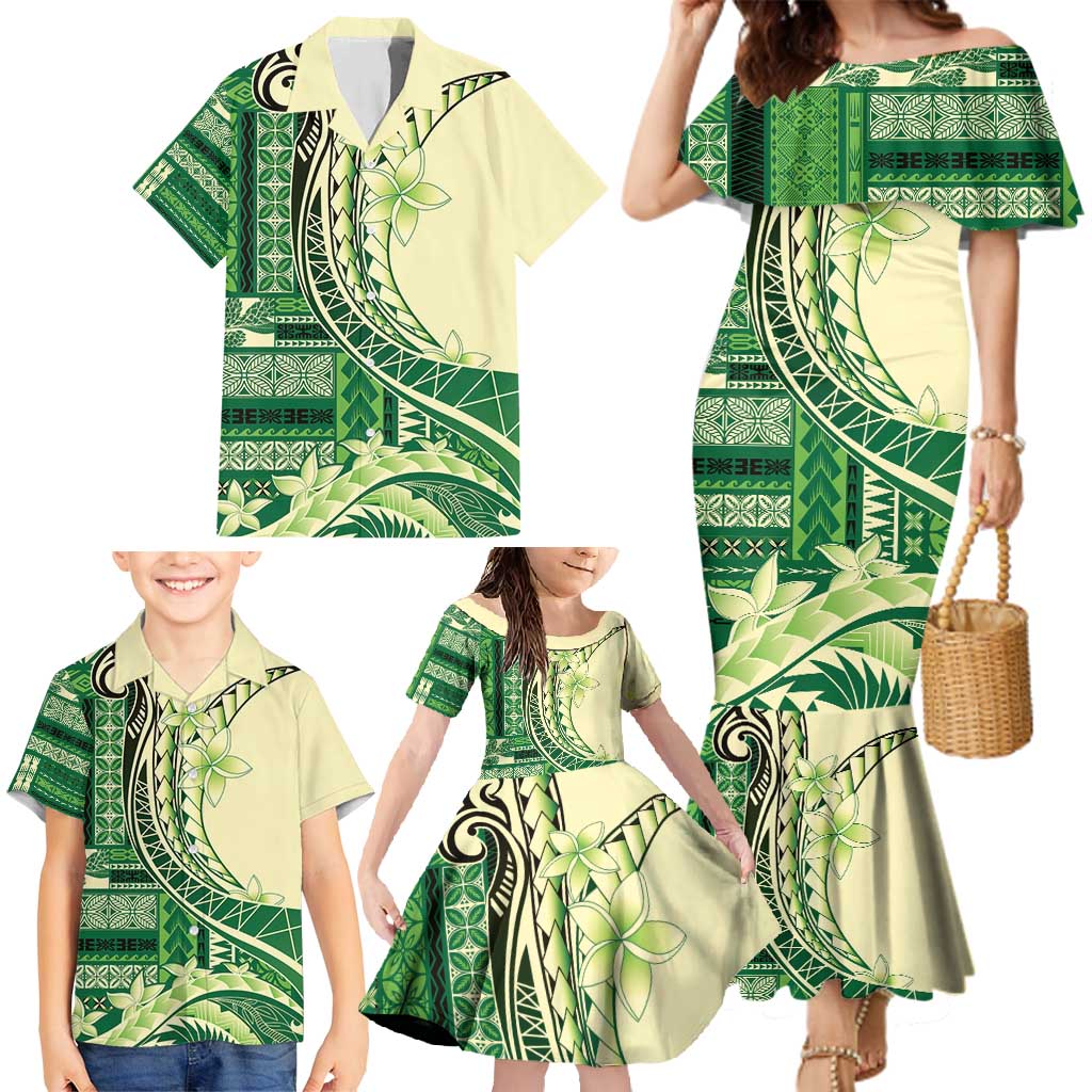 Samoa Siapo Mamanu Family Matching Mermaid Dress and Hawaiian Shirt Plumeria Emerald Motifs LT7 - Polynesian Pride