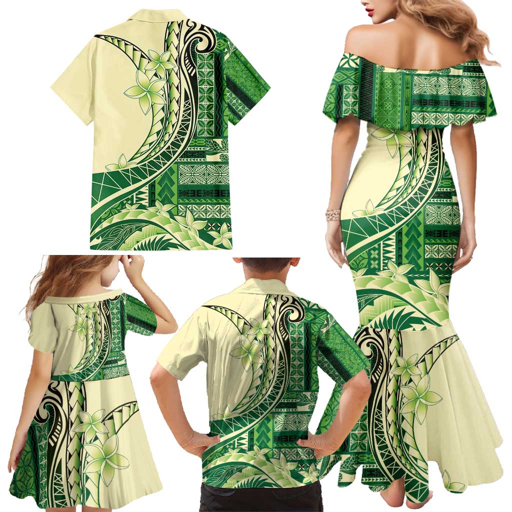 Samoa Siapo Mamanu Family Matching Mermaid Dress and Hawaiian Shirt Plumeria Emerald Motifs LT7 - Polynesian Pride