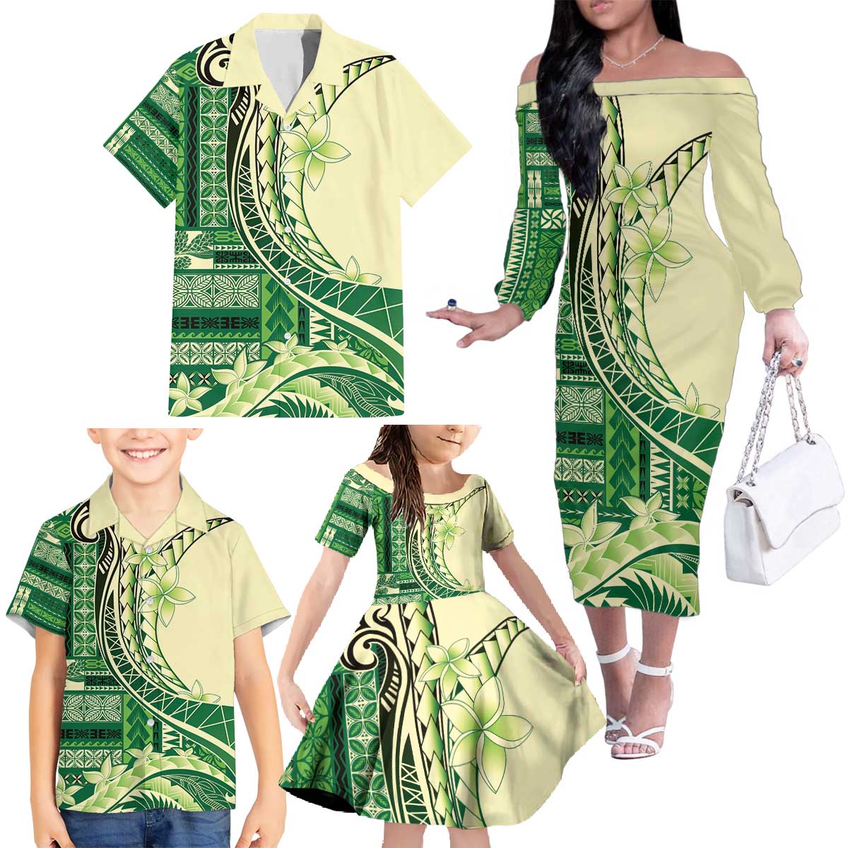 Samoa Siapo Mamanu Family Matching Off The Shoulder Long Sleeve Dress and Hawaiian Shirt Plumeria Emerald Motifs LT7 - Polynesian Pride