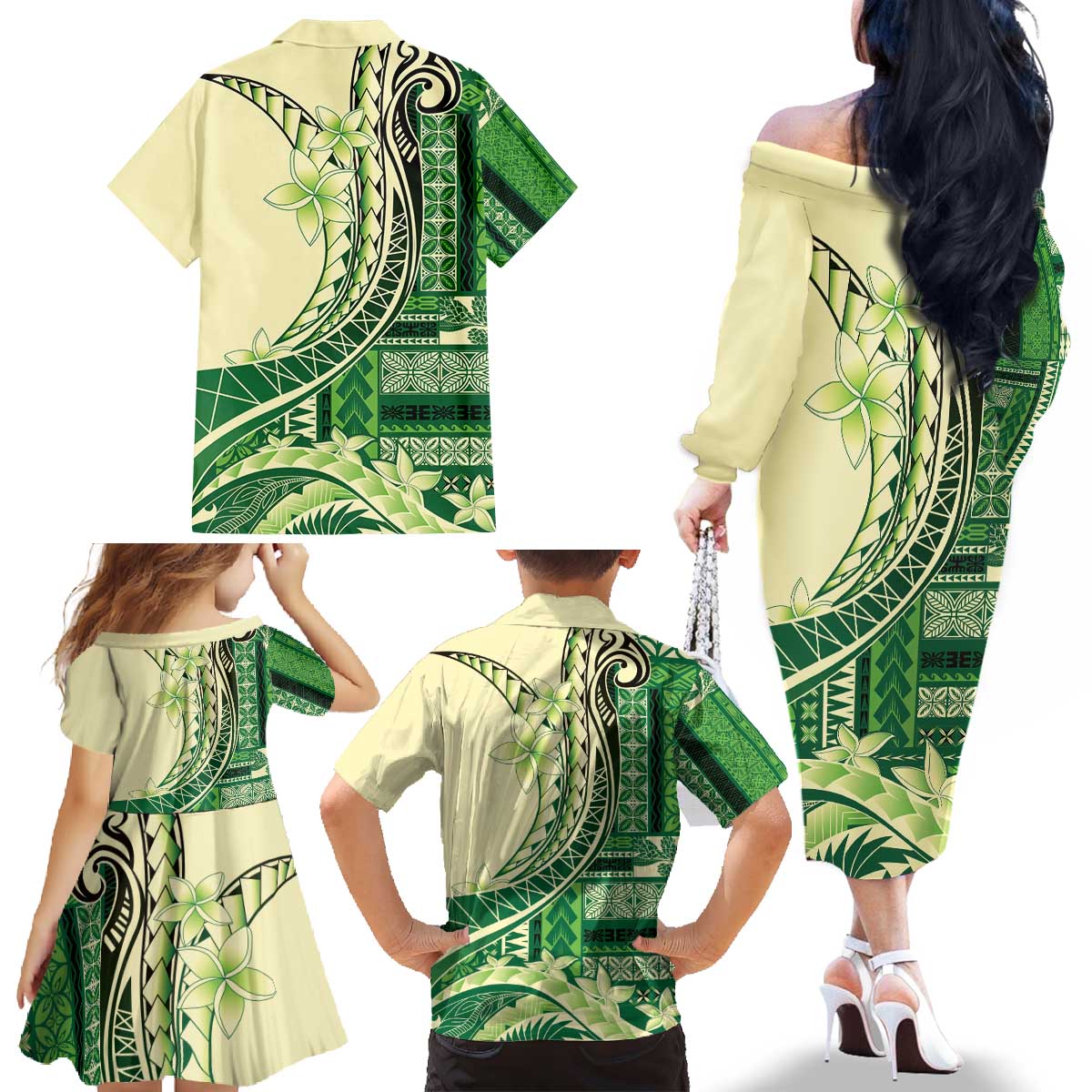 Samoa Siapo Mamanu Family Matching Off The Shoulder Long Sleeve Dress and Hawaiian Shirt Plumeria Emerald Motifs LT7 - Polynesian Pride