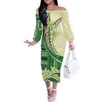 Samoa Siapo Mamanu Family Matching Off The Shoulder Long Sleeve Dress and Hawaiian Shirt Plumeria Emerald Motifs LT7 Mom's Dress Green - Polynesian Pride