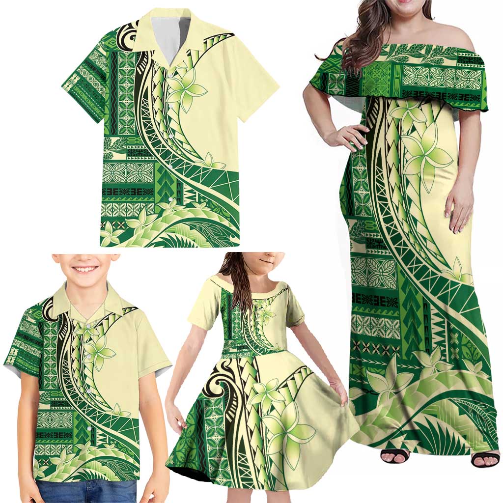 Samoa Siapo Mamanu Family Matching Off Shoulder Maxi Dress and Hawaiian Shirt Plumeria Emerald Motifs LT7 - Polynesian Pride