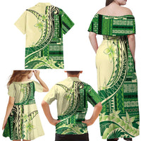 Samoa Siapo Mamanu Family Matching Off Shoulder Maxi Dress and Hawaiian Shirt Plumeria Emerald Motifs LT7 - Polynesian Pride