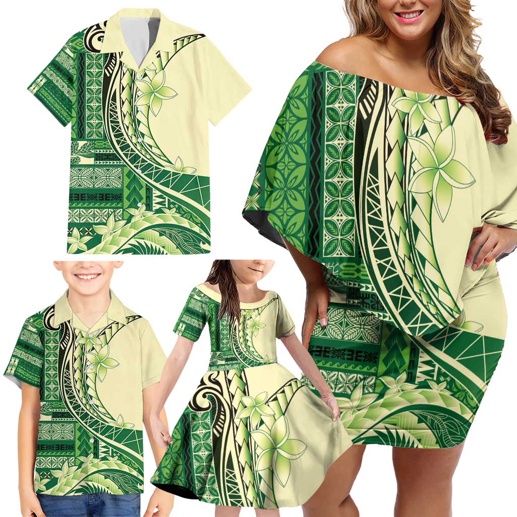 Samoa Siapo Mamanu Family Matching Off Shoulder Short Dress and Hawaiian Shirt Plumeria Emerald Motifs LT7 - Polynesian Pride