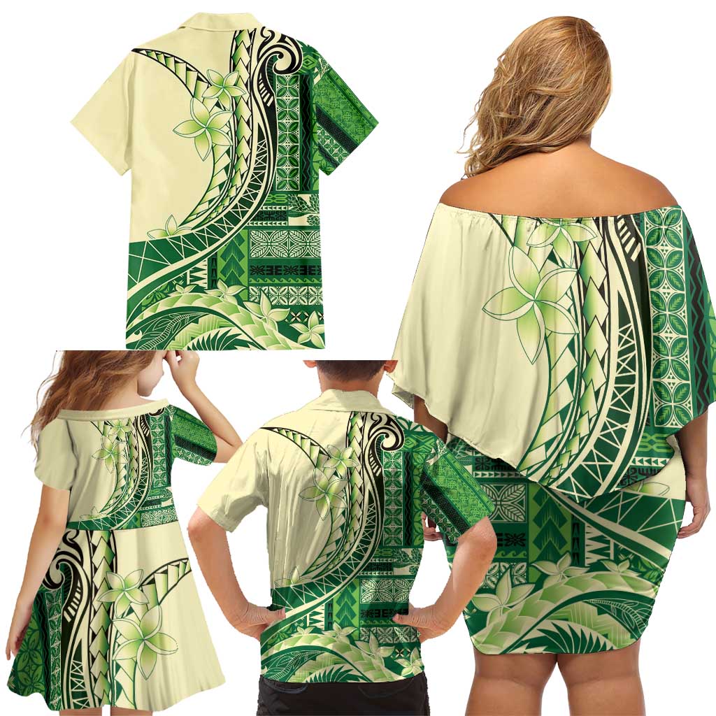 Samoa Siapo Mamanu Family Matching Off Shoulder Short Dress and Hawaiian Shirt Plumeria Emerald Motifs LT7 - Polynesian Pride