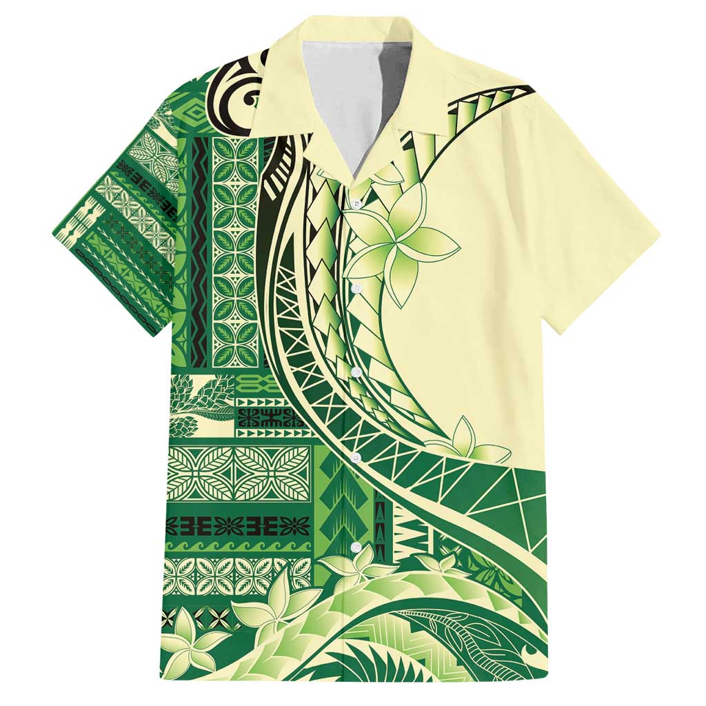 Samoa Siapo Mamanu Family Matching Off Shoulder Short Dress and Hawaiian Shirt Plumeria Emerald Motifs LT7 Dad's Shirt - Short Sleeve Green - Polynesian Pride
