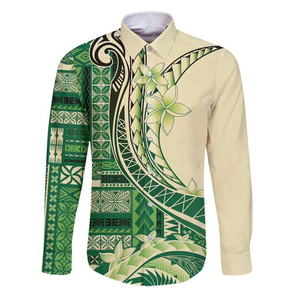 Samoa Siapo Mamanu Family Matching Off Shoulder Short Dress and Hawaiian Shirt Plumeria Emerald Motifs LT7 Dad's Shirt - Long Sleeve Green - Polynesian Pride