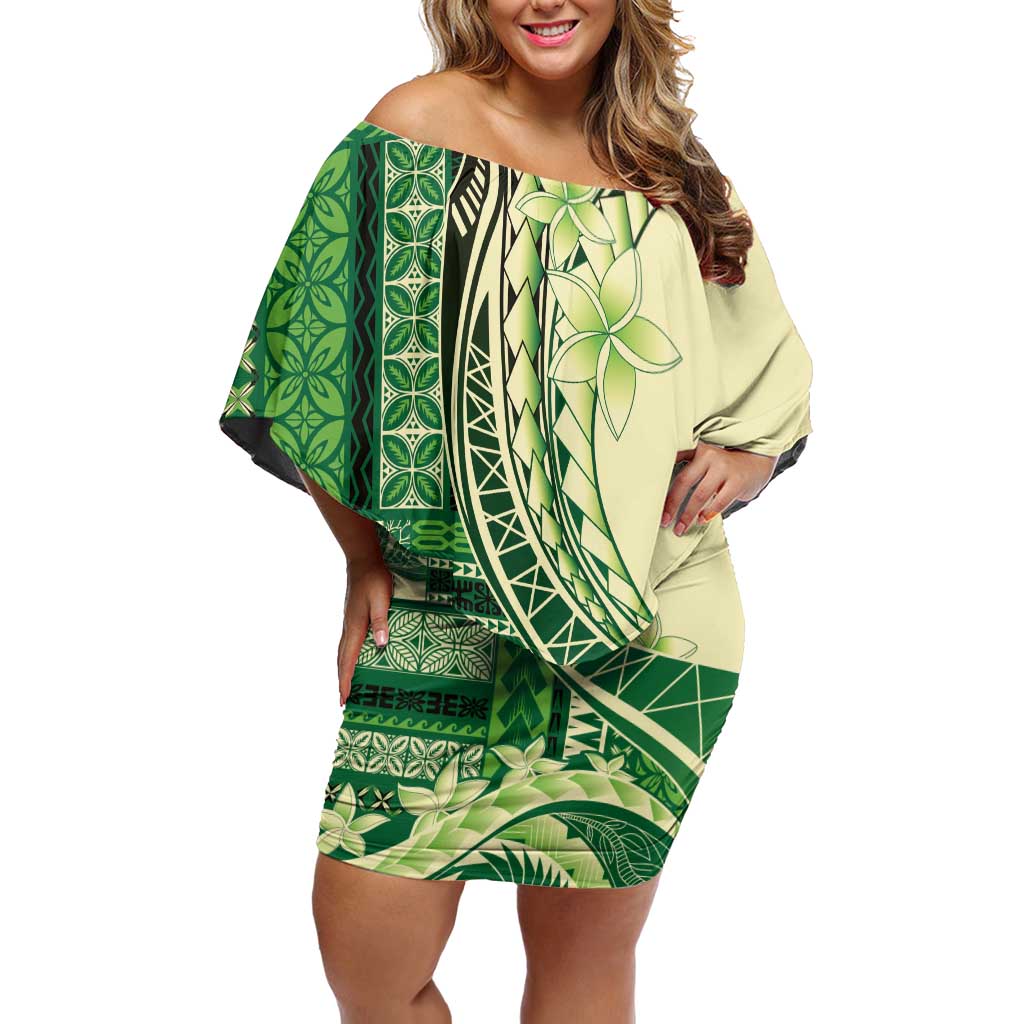 Samoa Siapo Mamanu Family Matching Off Shoulder Short Dress and Hawaiian Shirt Plumeria Emerald Motifs LT7 Mom's Dress Green - Polynesian Pride