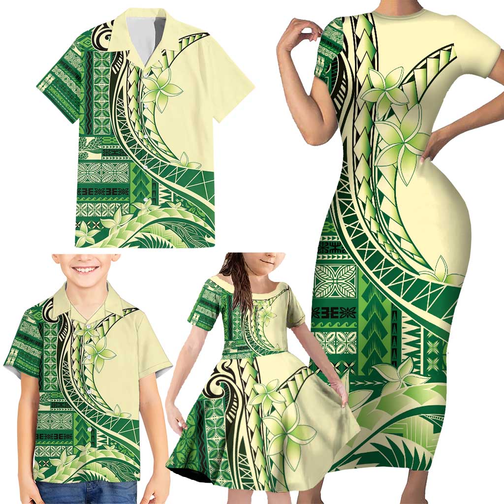 Samoa Siapo Mamanu Family Matching Short Sleeve Bodycon Dress and Hawaiian Shirt Plumeria Emerald Motifs LT7 - Polynesian Pride