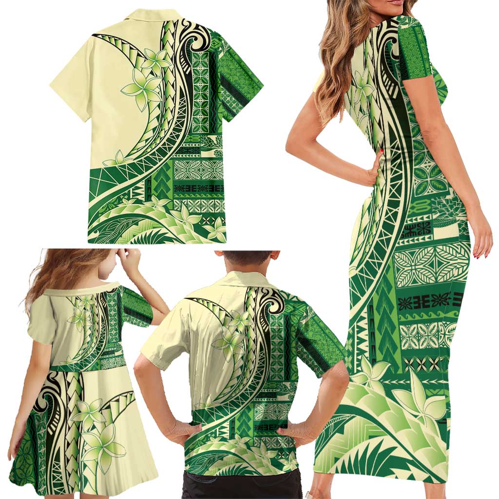 Samoa Siapo Mamanu Family Matching Short Sleeve Bodycon Dress and Hawaiian Shirt Plumeria Emerald Motifs LT7 - Polynesian Pride