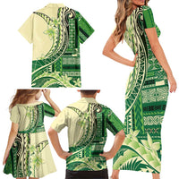 Samoa Siapo Mamanu Family Matching Short Sleeve Bodycon Dress and Hawaiian Shirt Plumeria Emerald Motifs LT7 - Polynesian Pride