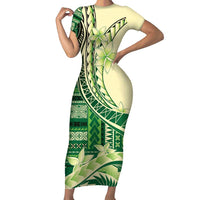 Samoa Siapo Mamanu Family Matching Short Sleeve Bodycon Dress and Hawaiian Shirt Plumeria Emerald Motifs LT7 Mom's Dress Green - Polynesian Pride