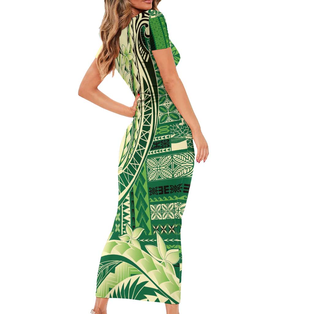 Samoa Siapo Mamanu Family Matching Short Sleeve Bodycon Dress and Hawaiian Shirt Plumeria Emerald Motifs LT7 - Polynesian Pride