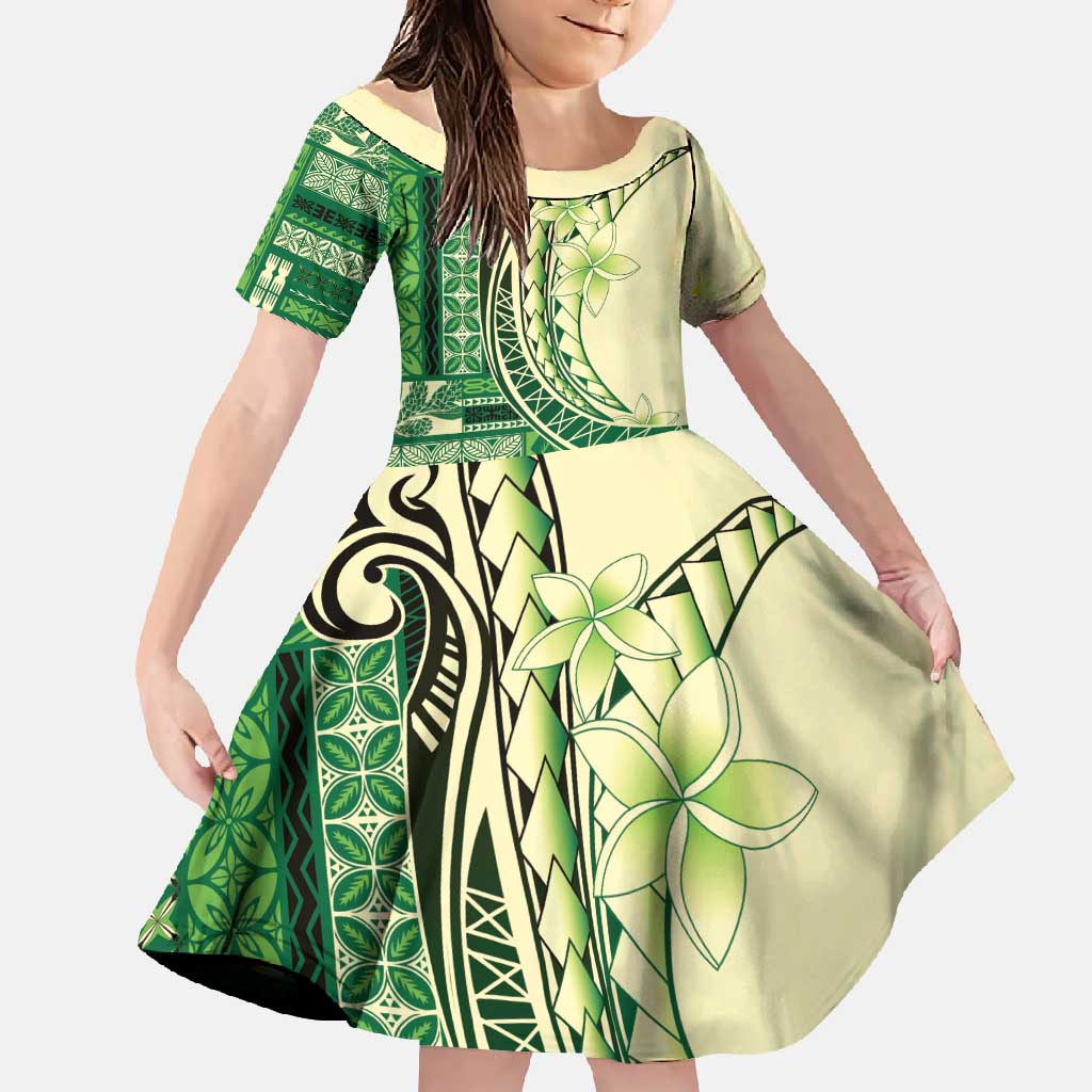 Samoa Siapo Mamanu Family Matching Summer Maxi Dress and Hawaiian Shirt Plumeria Emerald Motifs LT7 Daughter's Dress Green - Polynesian Pride