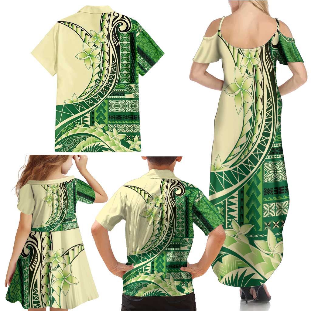 Samoa Siapo Mamanu Family Matching Summer Maxi Dress and Hawaiian Shirt Plumeria Emerald Motifs LT7 - Polynesian Pride