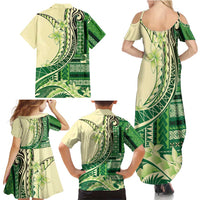 Samoa Siapo Mamanu Family Matching Summer Maxi Dress and Hawaiian Shirt Plumeria Emerald Motifs LT7 - Polynesian Pride