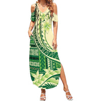 Samoa Siapo Mamanu Family Matching Summer Maxi Dress and Hawaiian Shirt Plumeria Emerald Motifs LT7 Mom's Dress Green - Polynesian Pride