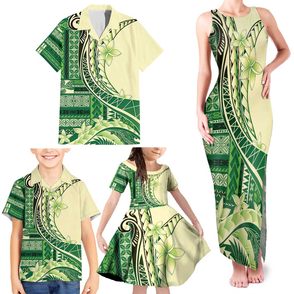 Samoa Siapo Mamanu Family Matching Tank Maxi Dress and Hawaiian Shirt Plumeria Emerald Motifs LT7 - Polynesian Pride