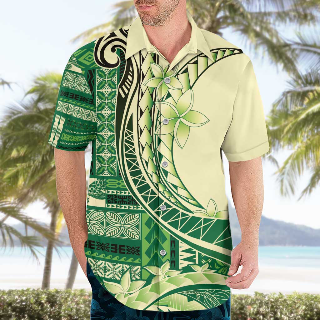 Samoa Siapo Mamanu Hawaiian Shirt Plumeria Emerald Motifs