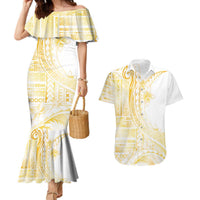 Samoa Siapo Mamanu Couples Matching Mermaid Dress and Hawaiian Shirt Plumeria Fancy Gold Motifs LT7 Gold - Polynesian Pride