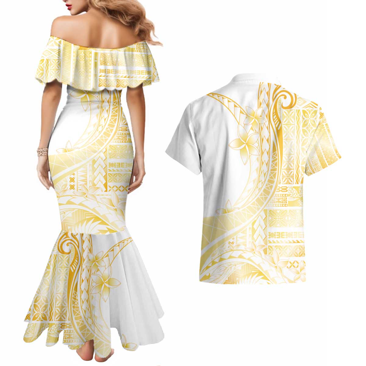 Samoa Siapo Mamanu Couples Matching Mermaid Dress and Hawaiian Shirt Plumeria Fancy Gold Motifs LT7 - Polynesian Pride