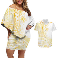 Samoa Siapo Mamanu Couples Matching Off Shoulder Short Dress and Hawaiian Shirt Plumeria Fancy Gold Motifs LT7 Gold - Polynesian Pride