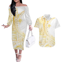 Samoa Siapo Mamanu Couples Matching Off The Shoulder Long Sleeve Dress and Hawaiian Shirt Plumeria Fancy Gold Motifs LT7 Gold - Polynesian Pride