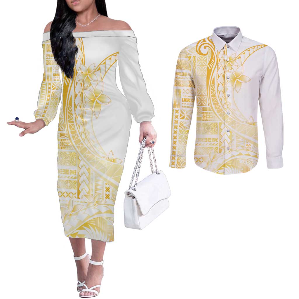 Samoa Siapo Mamanu Couples Matching Off The Shoulder Long Sleeve Dress and Long Sleeve Button Shirt Plumeria Fancy Gold Motifs LT7 Gold - Polynesian Pride