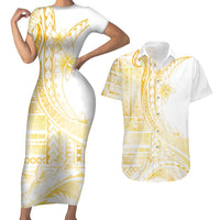 Samoa Siapo Mamanu Couples Matching Short Sleeve Bodycon Dress and Hawaiian Shirt Plumeria Fancy Gold Motifs LT7 Gold - Polynesian Pride