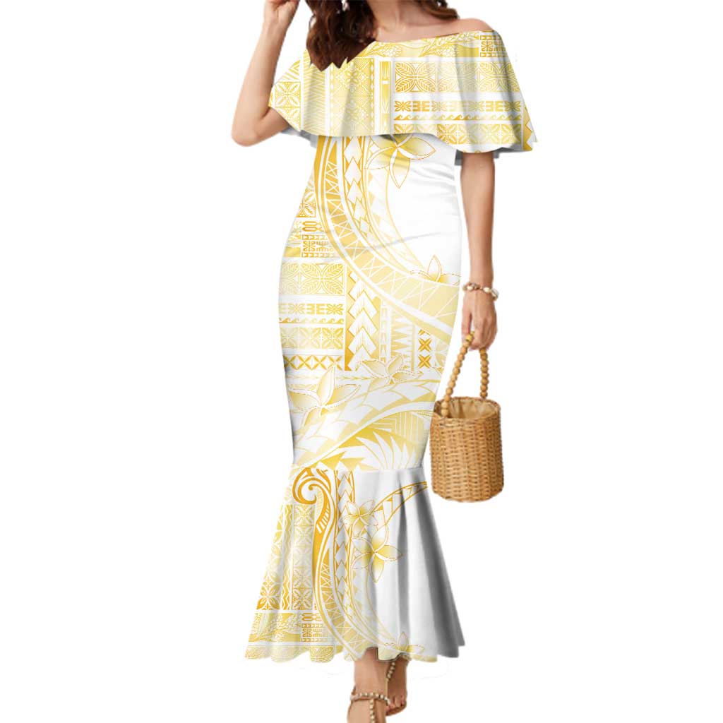 Samoa Siapo Mamanu Family Matching Mermaid Dress and Hawaiian Shirt Plumeria Fancy Gold Motifs LT7 Mom's Dress Gold - Polynesian Pride