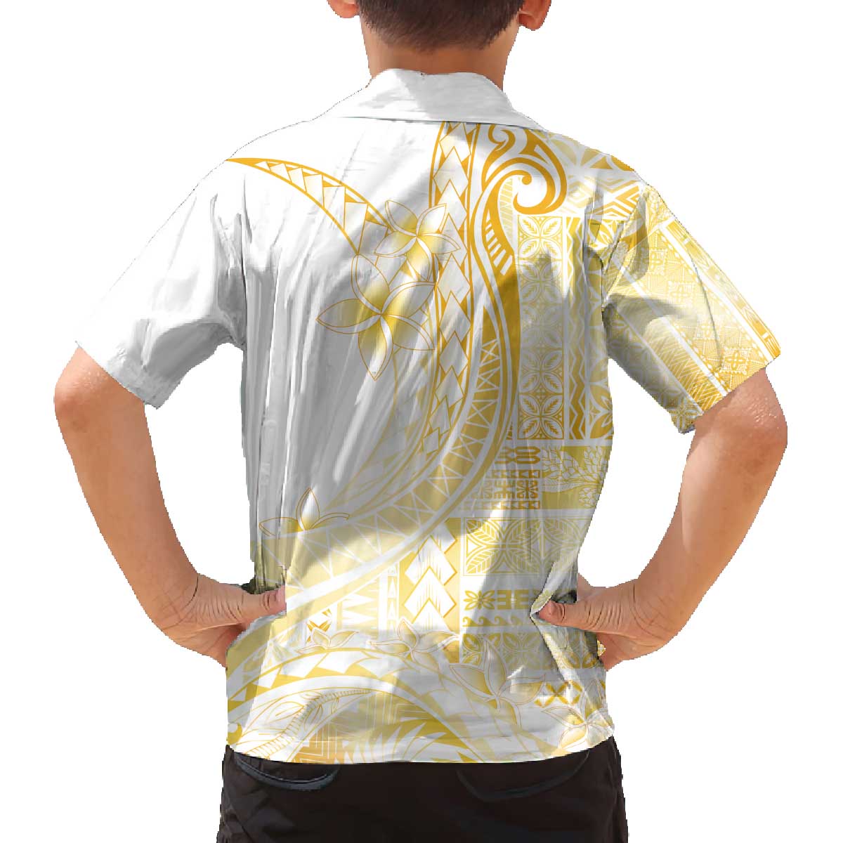 Samoa Siapo Mamanu Family Matching Off The Shoulder Long Sleeve Dress and Hawaiian Shirt Plumeria Fancy Gold Motifs LT7 - Polynesian Pride