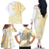 Samoa Siapo Mamanu Family Matching Off The Shoulder Long Sleeve Dress and Hawaiian Shirt Plumeria Fancy Gold Motifs LT7 - Polynesian Pride