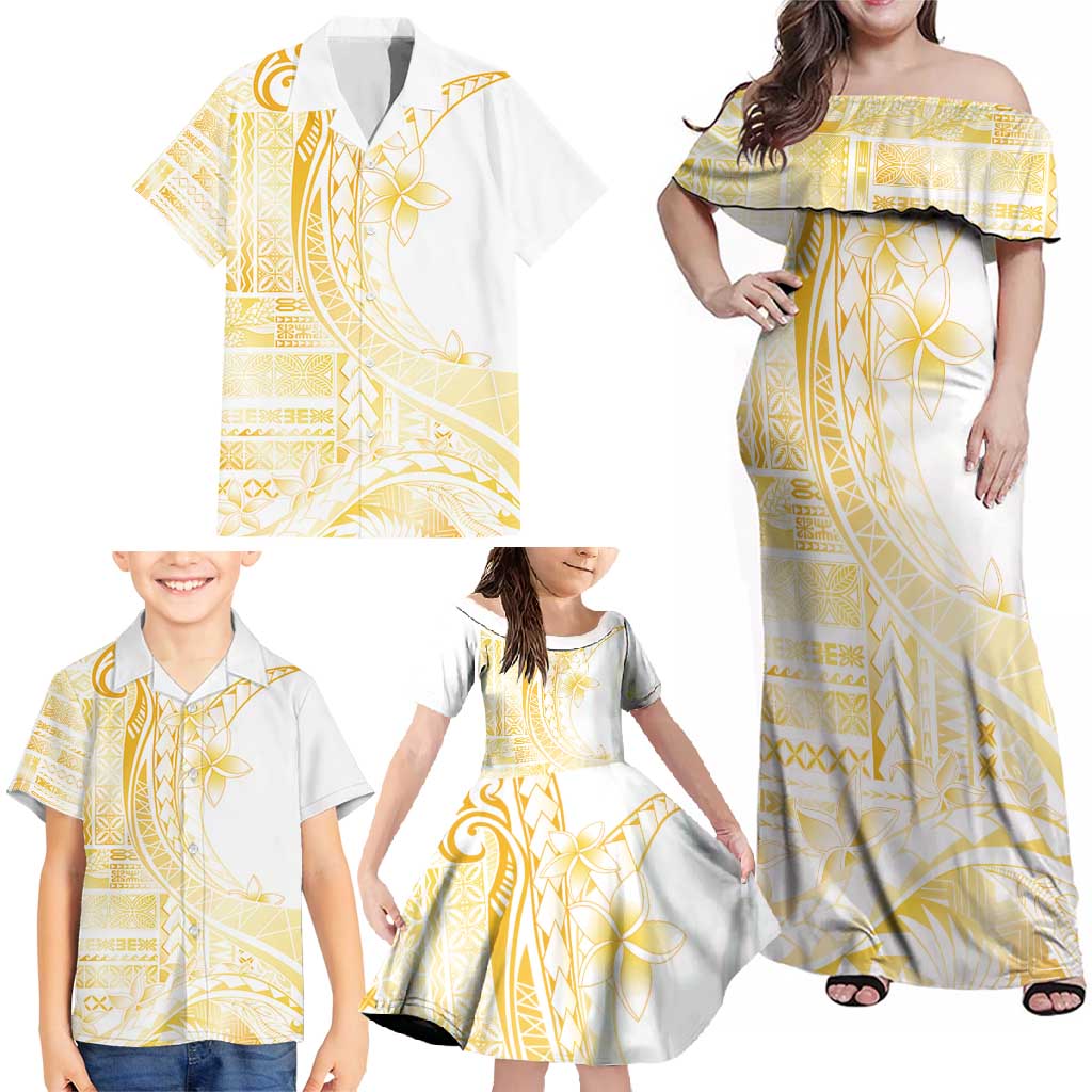 Samoa Siapo Mamanu Family Matching Off Shoulder Maxi Dress and Hawaiian Shirt Plumeria Fancy Gold Motifs LT7 - Polynesian Pride