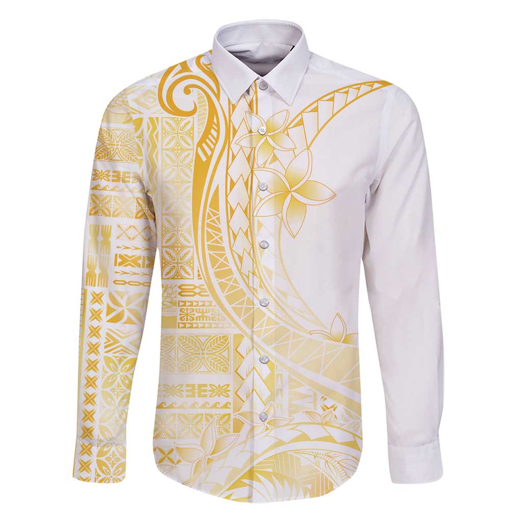 Samoa Siapo Mamanu Family Matching Off Shoulder Maxi Dress and Hawaiian Shirt Plumeria Fancy Gold Motifs LT7 Dad's Shirt - Long Sleeve Gold - Polynesian Pride