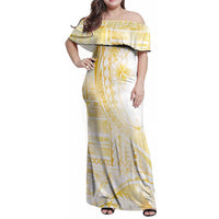 Samoa Siapo Mamanu Family Matching Off Shoulder Maxi Dress and Hawaiian Shirt Plumeria Fancy Gold Motifs LT7 Mom's Dress Gold - Polynesian Pride
