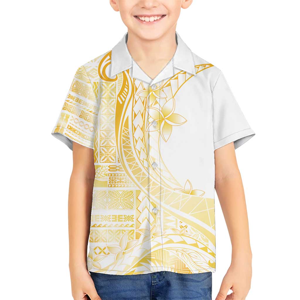 Samoa Siapo Mamanu Family Matching Off Shoulder Maxi Dress and Hawaiian Shirt Plumeria Fancy Gold Motifs LT7 Son's Shirt Gold - Polynesian Pride