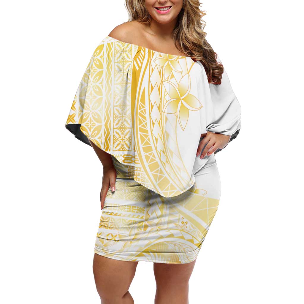 Samoa Siapo Mamanu Family Matching Off Shoulder Short Dress and Hawaiian Shirt Plumeria Fancy Gold Motifs LT7 Mom's Dress Gold - Polynesian Pride