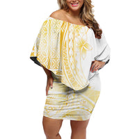 Samoa Siapo Mamanu Family Matching Off Shoulder Short Dress and Hawaiian Shirt Plumeria Fancy Gold Motifs LT7 Mom's Dress Gold - Polynesian Pride