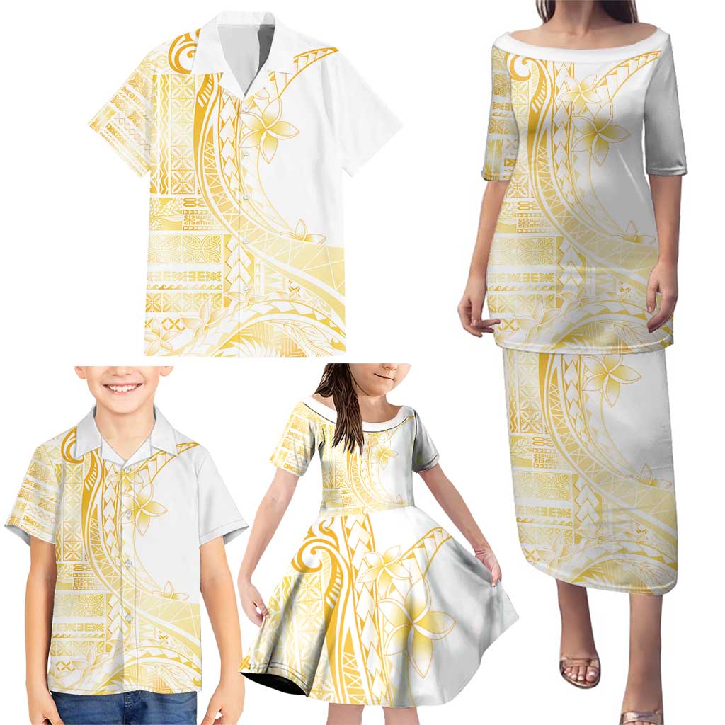 Samoa Siapo Mamanu Family Matching Puletasi and Hawaiian Shirt Plumeria Fancy Gold Motifs LT7 - Polynesian Pride